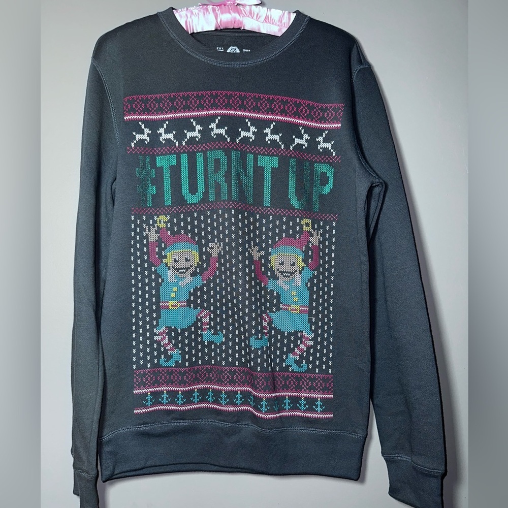 American Rag #Turnt Up Elf Ugly Christmas Sweatshirt Black Small